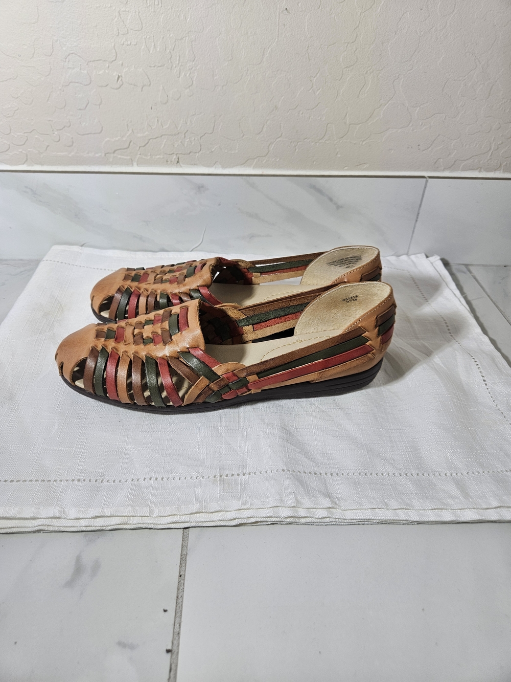Softspots Multicolor Woven Leather Huarache Flats - Tan, Red, Green